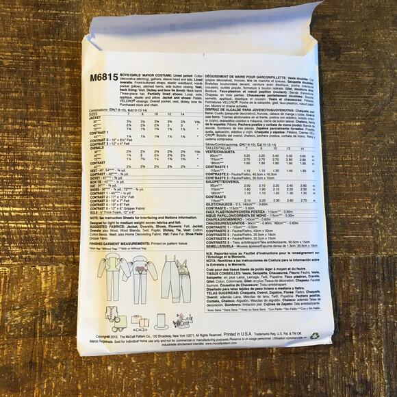 McCalls Sewing Pattern M6815 Boys/Girls Mayor Munchkin Wicked Wizard of Oz UNCUT - Picture 3 of 3